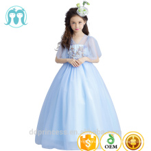 Hot Sale 2017 Fahsion Elegant Girls Clothes Princess Blue Long Embroidery Flower wedding dresses Chiffon Puffy baby Party Dress